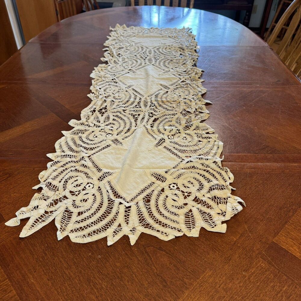 Antique Table Runner Dresser Scarf Battenburg Lace With Stains 54” By 16”